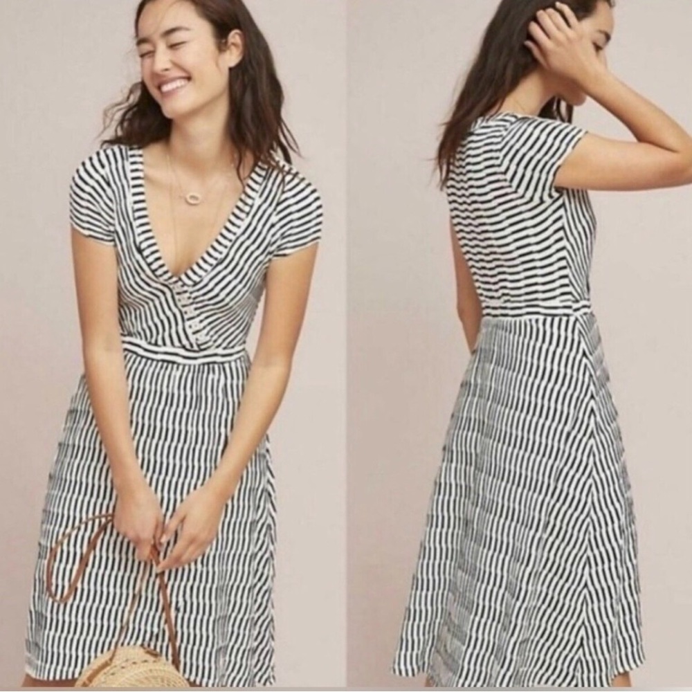 Anthropologie Maeve Paladino Blue White Striped Knit Faux Wrap Midi Dress PM